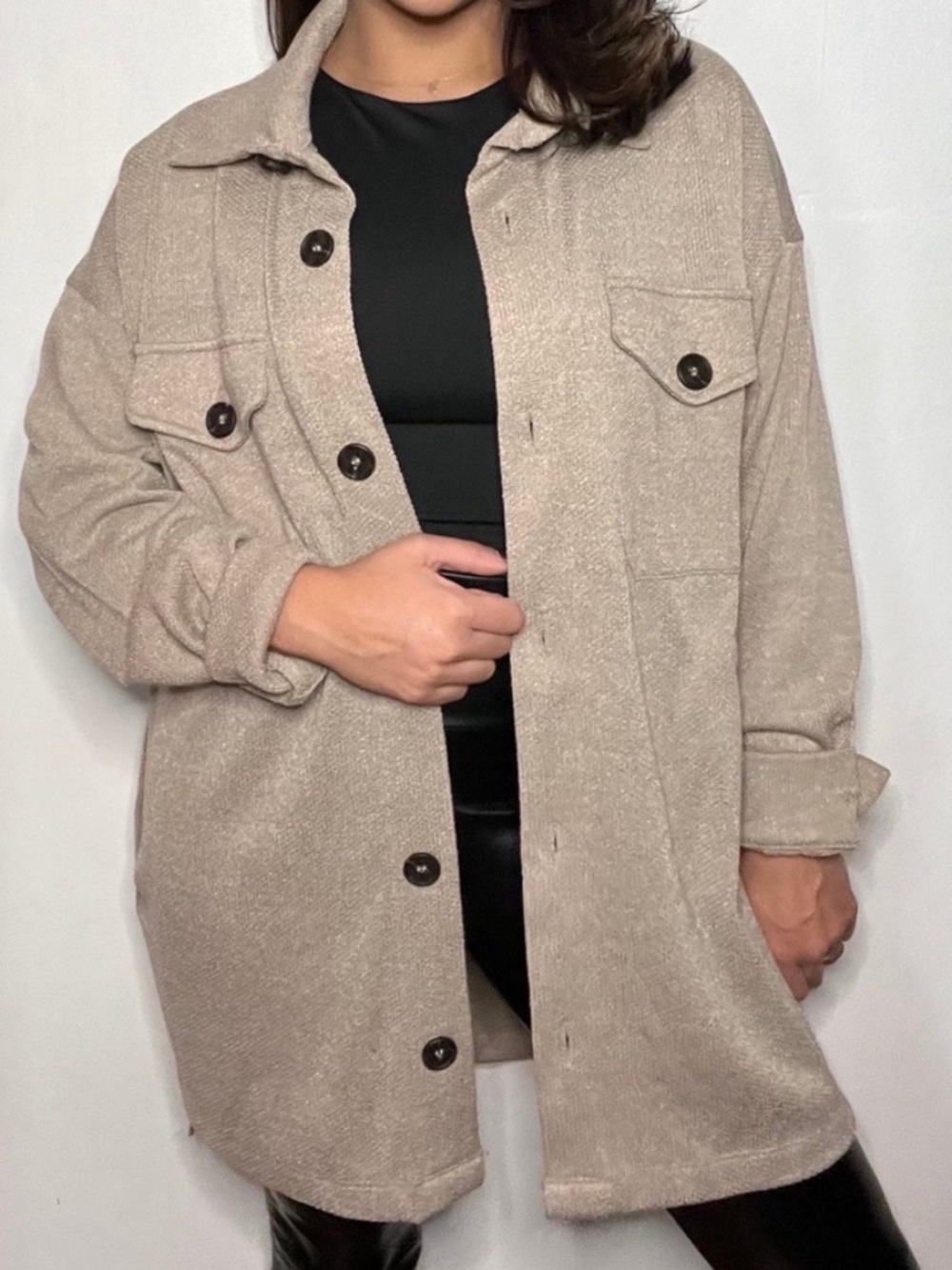 Taupe Button-Front Shacket Jacket - Women